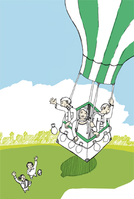 Illustration zwei Menschen winken einer Gruppe in einem startentendem Heißtluftballon
